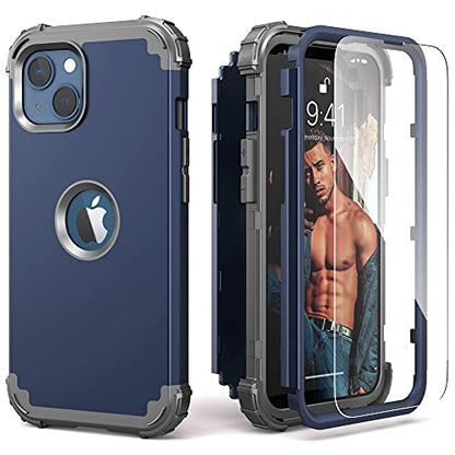 IDweel for iPhone 15 Case with Screen Protector,Luxury 3 in 1 Shockproof Slim Fit Hybrid Heavy Duty Protection Glitter Hard PC Cover Soft Silicone Bumper Full Body Case,Dark Blue/Grey - color: Dark Blue/Grey
