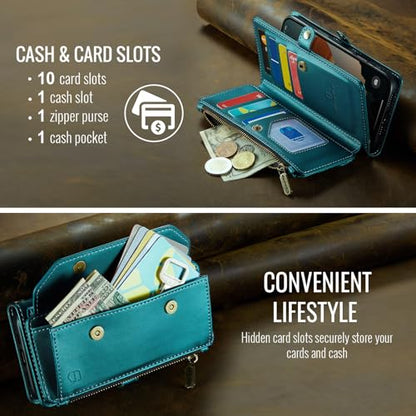 Strapurs Wallet Case Compatible with iPhone 14 Pro Max RFID Blocking 10-Card Holder Soft PU Leather Magnetic Snap Shoulder Strap Zipper Pocket Phone Case Fit for iPhone 14 Pro Max - Blue Green | RFID Blocking 10-Card Holder, Shoulder Lanyard, Wirst Strap,
