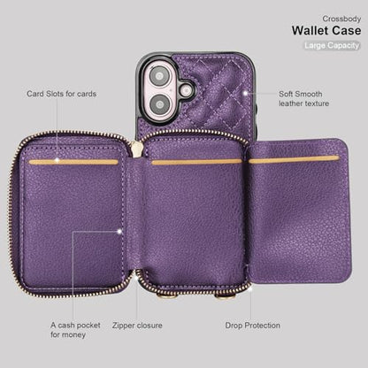 Bocasal Crossbody Wallet Case Card Holder for iPhone 16, Dark Purple | RFID Blocking PU Leather Zipper Handbag Purse, Kickstand Flip Folio Case with Card Slots Holder Wrist Strap Lanyard 6.1 Inch - color: Dark Purple