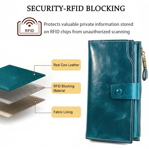 YALUXE Women's Real Leather Wallet RFID Protect 21 Card Slots Phone Pocket - color: 4- Waxed Greenish Blue, size: Genuine Leather