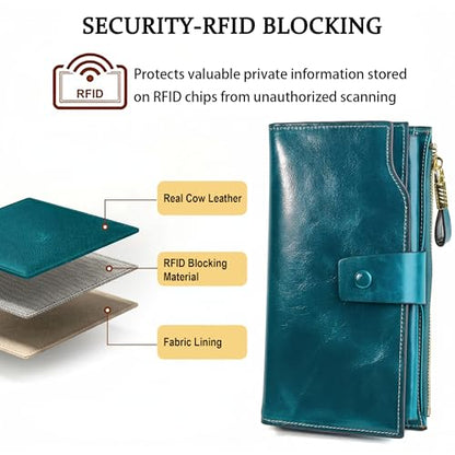 YALUXE Women's Real Leather Wallet RFID Protect 21 Card Slots Phone Pocket - color: 4- Waxed Greenish Blue, size: Genuine Leather