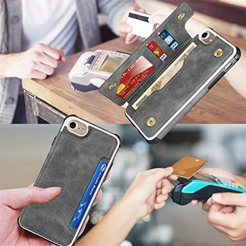 iCoverCase Compatible with iPhone SE(2022)/SE(2020)/7/8/6/6s Wallet Case with Card Slots Holder and Wrist Strap Premium PU Leather Kickstand Magnetic Clasp Shockproof Flip Cover Case (Gray) - color: Gray