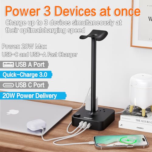 cozoo Headphone Stand with Charger for Desk, Gifts for Gamers Men, Black - color: Black