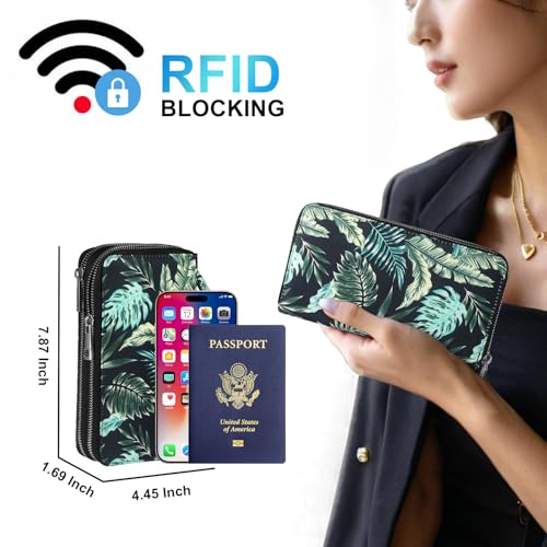 RFID Blocking Cellphone Wallet for Women with Wrist Strap, Double Zipper Travel Clutch Purse Large Capacity, Palm Leaf - color: Green Palm Leaf