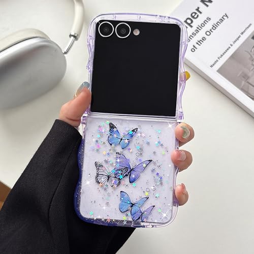 UEEBAI Wave Butterfly Case for Samsung Galaxy Z Flip 7 5G Case, Pretty Bling Star Butterfly Cute Shiny Glitter Phone Cover for Girls Bling Clear Cover Curly Shockproof Girly - Purple - color: Purple, size: Z Flip 7 5G