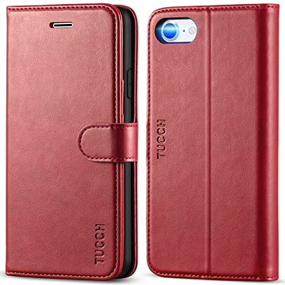 TUCCH Wallet Case for iPhone SE 2022/SE 2020/iPhone 8/7 (4.7"), Dark Red | 3 Card Holders, Kickstand, PU Leather, Shockproof TPU Shell, Magnetic Closure, Protective Folio Cover - color: Dark Red