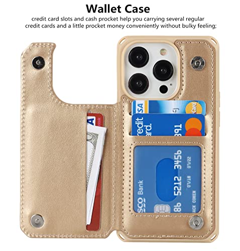 iCoverCase Compatible with iPhone 14 Pro Wallet Phone Case with Card Holder for Women, RFID Blocking Embossed PU Leather Wrist Strap Case 6.1 Inch (Macaron Gold) - color: P-Gold