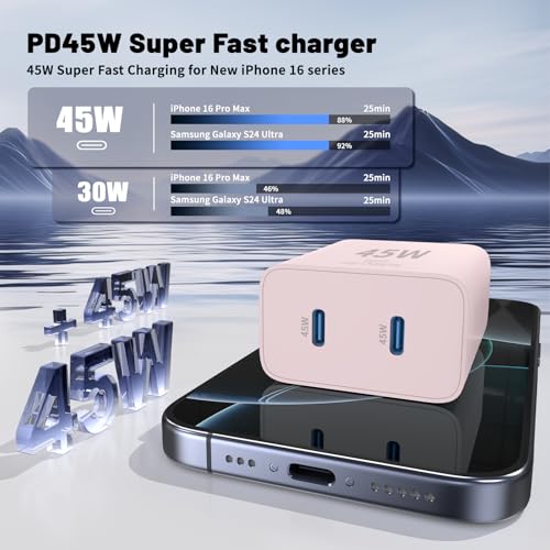 QZIIW iPhone 17 16 15 Pro Max Fast Charger,45W Dual Port USB C Fast Charger - color: Pink, size: 3FT+6FT+10FT+10FT