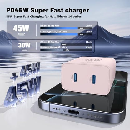 QZIIW iPhone 17 16 15 Pro Max Fast Charger,45W Dual Port USB C Fast Charger - color: Pink, size: 3FT+6FT+10FT+10FT