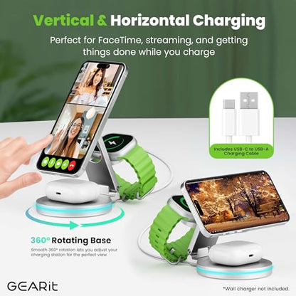 GEARit 3-in-1 Wireless Charging Station - Magsafe Compatible Charger Stand for Phone, Watch, Earbuds iPhone 14, 15, 16, 16 Pro, Pro Max, Apple Watch, Airpods, Samsung Galaxy and Multiple Devices