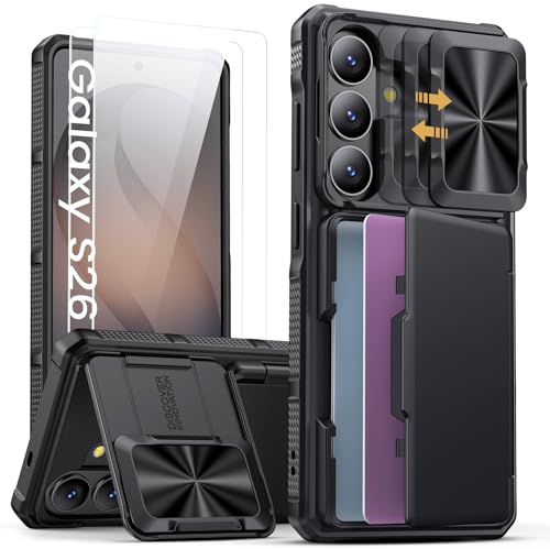 SSLOTSCASE for Samsung Galaxy S26 Case with 2X Screen Protector [High-Definition], Card Holder & Stand & Camera Cover, Military-Grade Shockproof Protection Phone Cover Case for Galaxy S26, Black - color: Black-SP, size: S26
