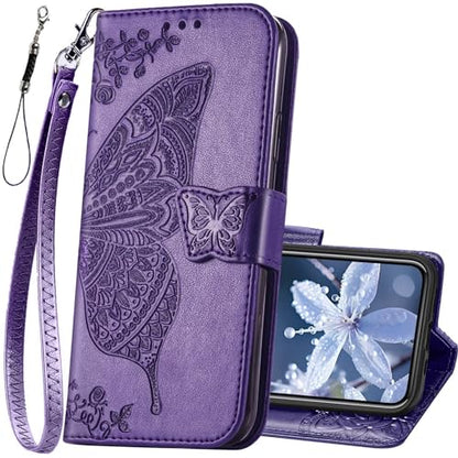 for iPhone 12 Pro/iPhone 12 Wallet Case,Women Flip Folio Cover with Butterfly Embossed PU Leather Kickstand Credit Card Holder Slots Wrist Strap for iPhone 12/12 Pro 6.1 inch (Purple) - color: Purple