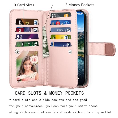 NJJEX iPhone 15 Pro Wallet Case, 9 Card Slots, Rose Gold | PU leather, ID Credit Card Holder, detachable folio flip, magnetic cover, kickstand, lanyard included - color: Rose Gold