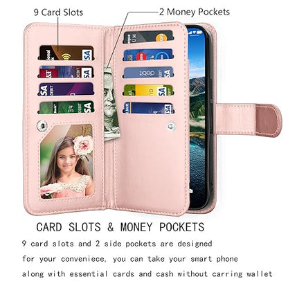 NJJEX iPhone 15 Pro Wallet Case, 9 Card Slots, Rose Gold | PU leather, ID Credit Card Holder, detachable folio flip, magnetic cover, kickstand, lanyard included - color: Rose Gold