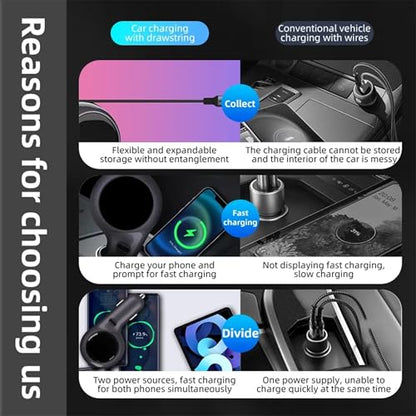 60W Retractable USB-C Car Charger – Dual Port Fast Charging Adapter – Compact, Travel-Ready – Works with iPhone 15, Samsung, iPad, MacBook, Trucks & Cars