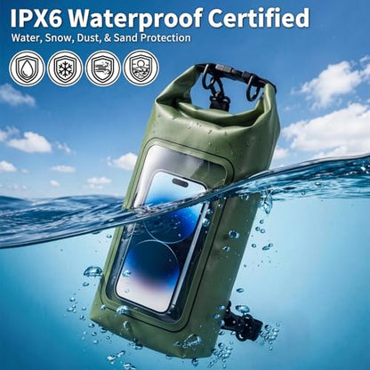 Waterproof Dry Bag, 2L Roll Top Waterproof Bag IPX8 with Crossbody Strap, Phone Clear Window, Phone Pouch Water Protector for Camp Beach Travel, Cruise Essentials, Kayak Accessories (Army Green) - color: Army green dry bag 2L
