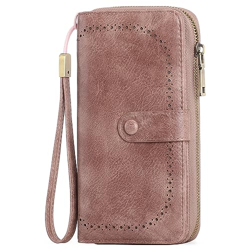 GAEKEAO Leather Credit Card Holder Wallet for Women RFID Blocking Large Capacity Bifold Zipper Card Case Organizer with Wristlet 45 Slots - color: Pink