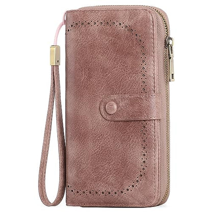 GAEKEAO Leather Credit Card Holder Wallet for Women RFID Blocking Large Capacity Bifold Zipper Card Case Organizer with Wristlet 45 Slots - color: Pink