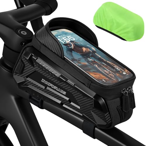 Bike Front Frame Bag Waterproof with Phone Mount Holder | 2 in1 EVA Bicycle Top Tube Bag, Waterproof, Rain Cover, TPU Touch Screen, Tool-Free, Sun Visor, Fits Road, Mountain, E-Bikes