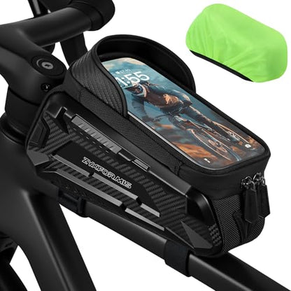 Bike Front Frame Bag Waterproof with Phone Mount Holder | 2 in1 EVA Bicycle Top Tube Bag, Waterproof, Rain Cover, TPU Touch Screen, Tool-Free, Sun Visor, Fits Road, Mountain, E-Bikes