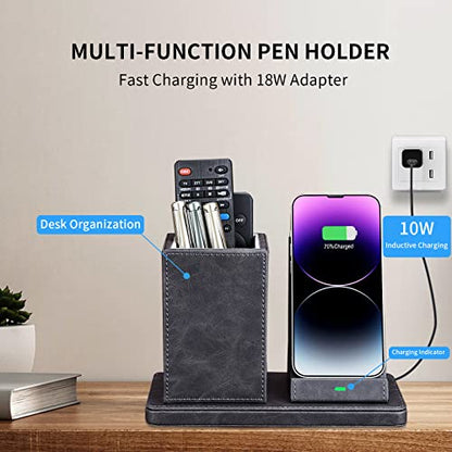 Wireless Charger with Desk Organizer, Wireless Charging Station for iPhone 13/13 Pro Max/13 Pro/12 Series/11/XS Max/XR/X/8Plus/SE 2, Wireless Charging Stand with Leather… (Gray) - color: Gray
