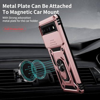Vinve for Google Pixel 6 Pro Case with Slide Lens Cover, Military Grade Drop Protection, Magnetic Rotated Ring Holder Kickstand Phone Case (Rose Gold) - color: Rose Gold