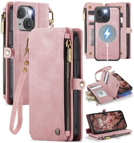 Defencase for iPhone 15 Phone Case Wallet Compatible with Magsafe, Rosepink - color: (Detachable with Magsafe)-Pink