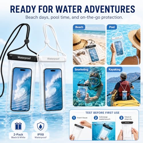 OKEA 2-Pack IPX8 Waterproof Phone Pouch, Universal Cellphone Dry Bag for Devices up to 7.2", Touchscreen & Underwater Photo Friendly, Secure Knob Lock Case for Swimming, Diving, Beach, Travel Clear