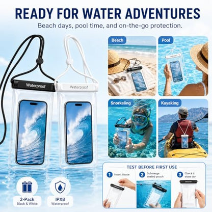 OKEA 2-Pack IPX8 Waterproof Phone Pouch, Universal Cellphone Dry Bag for Devices up to 7.2", Touchscreen & Underwater Photo Friendly, Secure Knob Lock Case for Swimming, Diving, Beach, Travel Clear
