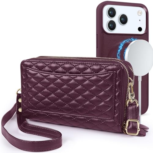 Harryshell Compatible with iPhone 17 Pro Max Case Wallet Multi Zipper Detachable Removable Cover with RFID Blocking Card Slot Holder Mirror Crossbody Strap (Compatible with Magsafe-Quilted Burgundy) - color: Compatible with Magsafe - Quilted Burgundy, siz