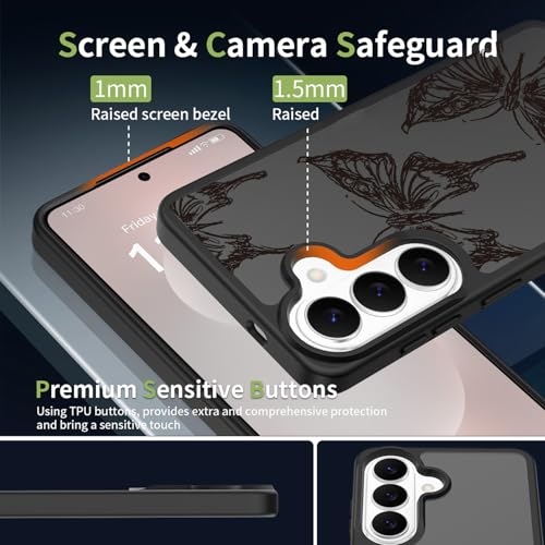 for Samsung Galaxy S26 5G Case: Cute Flowers Floral Design for Girls Women Translucent Matte Slim Soft TPU Bumper Shockproof Silicone Cell Phone Cover (Black Butterfly) - color: Butterfly