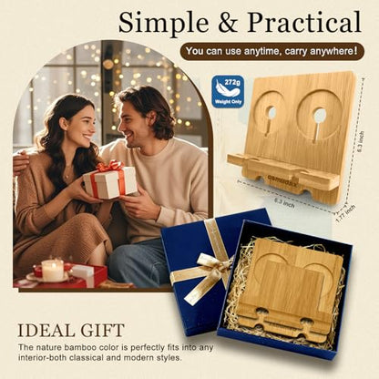 Bamboo Dual Cell Phone Holder for iPhone/iPad, Wood Wireless Charging Station Tablet Holder Nightstand, Double Phone Holder Desktop Stand for iPhone 18/17/16/15/14/13/12/11 and Android