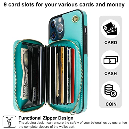Bocasal Multi-Slot Crossbody Wallet Case for iPhone 12 Pro Max, Mint Green | RFID Blocking PU Leather Purse Case with Card Holder, Handbag Flip Cover with Zipper Wrist Strap Lanyard for Women 6.7 Inch - color: Green