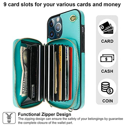 Bocasal Multi-Slot Crossbody Wallet Case for iPhone 12 Pro Max, Mint Green | RFID Blocking PU Leather Purse Case with Card Holder, Handbag Flip Cover with Zipper Wrist Strap Lanyard for Women 6.7 Inch - color: Green