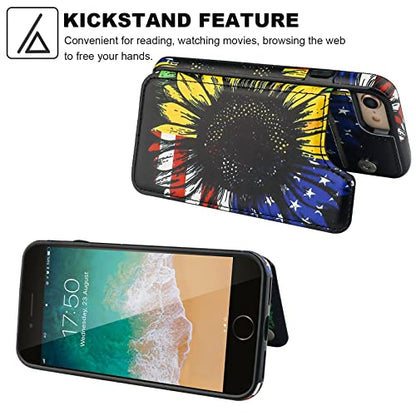 HAOPINSH iPhone SE(2022)/SE(2020)/7/8 Wallet Case with Card Holder, American Flag Flowers Flip Folio PU Leather Kickstand Card Slots, Double Magnetic Clasp Cover 4.7 - color: American Flag Sunflowers