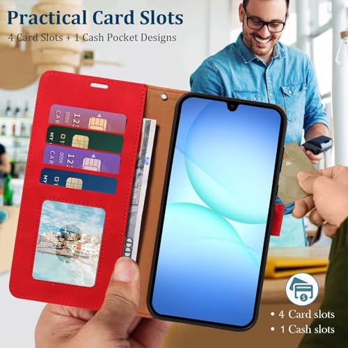 Wallet Case for Samsung Galaxy A17, RFID Blocking (Red) | 4 card slots with ID window, cash pocket, wrist strap, stand function, magnetic closure, flip PU leather, TPU inner shell - color: Red