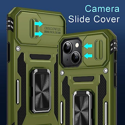 DEERLAMN Case for iPhone 13/iPhone 14 6.1-Inch with Slide Camera Cover+Screen Protector(2 Packs),Rotated Ring Kickstand Military Grade Shockproof Protective Cover-Olive Green - color: Olive Green