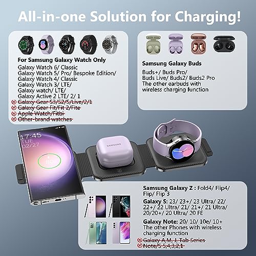 Travel Charger for Samsung Multi Devices, Foldable 3 in 1 Wireless Charging Station Fast Charging Stand/Pad Compatible for Samsung Galaxy S26/S25/S24/S23/Note20 Galaxy Watch8/7/6/Galaxy Buds4(Black - color: Black