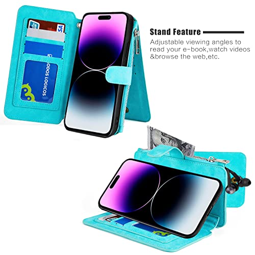 MODOS LOGICOS Case Compatible with iPhone 15 Pro Max 6.7", [Detachable Wallet Folio][Zipper Cash Storage][14 Card Slots 1 Id Window] PU Leather Purse with Removable Inner Magnetic TPU Case - Teal - color: Teal, size: iPhone 15 Pro Max