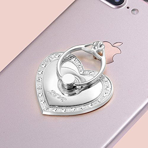 Phone Stand, Luxury Updated Re-Usable Metal Stainless Phone & Tablet Anti Drop Ring Stand Holder with Diamonds for iPhone iPod iPad Samsung and More (Heart Shape) (Silver) - color: Silver