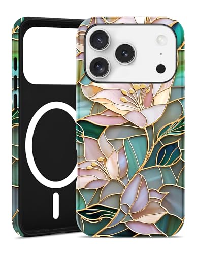 Jusy Magnetic Stained Glass Floral Case for iPhone 16e/17e, Lily | Compatible with MagSafe, Cute Aesthetic Flower Design, TPU and PC Protective Phone Cover - color: Lily
