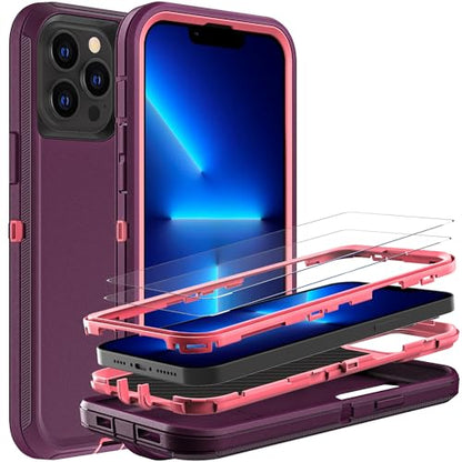 YKHJKLEC for iPhone 13 Pro Case, Military Grade 3 in 1 Heavy Duty Shockproof/Drop Proof/Dust Proof Case with 2Pcs Tempered Glass Screen Protector (Purple/Pink) - color: Purple/Pink