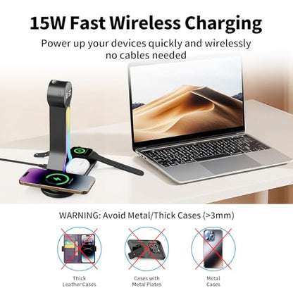 Transform Your Desk – 3-in-1 Wireless Charging Station with Headphone Stand, Dual USB Ports, 15W Fast Charger for Phone/A-irPods/A-pple Watch, RGB Light, LED Alarm Clock – Charge 5 Devices at Once