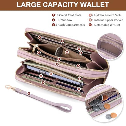 yiijay Womens Wallet RFID Blocking Large Capacity Vegan Leather Double Zip Wristlet Wallet Card Holder Travel Ladies Clutch - color: Light Purple