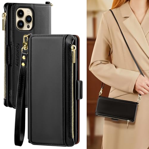 Antsturdy Crossbody Phone Wallet Case for iPhone 13 Pro,Black | RFID Blocking,PU Leather Flip Cover,Kickstand,with Credit Card Holder,Wrist Strap Lanyard & Handbag Purse,for Women & Men - color: (Crossbody) - Black