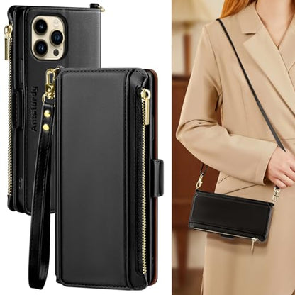 Antsturdy Crossbody Phone Wallet Case for iPhone 13 Pro Max | RFID Blocking,PU Leather Flip Cover,Kickstand,with Credit Card Holder,Wrist Strap Lanyard & Handbag Purse,for Women & Men - color: (Crossbody) - Black