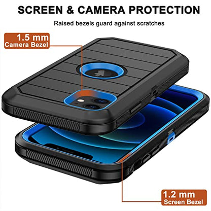 for iPhone 12 Case, iPhone 12 Pro Case with Belt Clip Holster, 2X Screen Protector, Heavy Duty Military Grade Full Body Shockproof Rugged Protective Cover for iPhone 12/12 Pro (Black Blue) - color: Black Blue