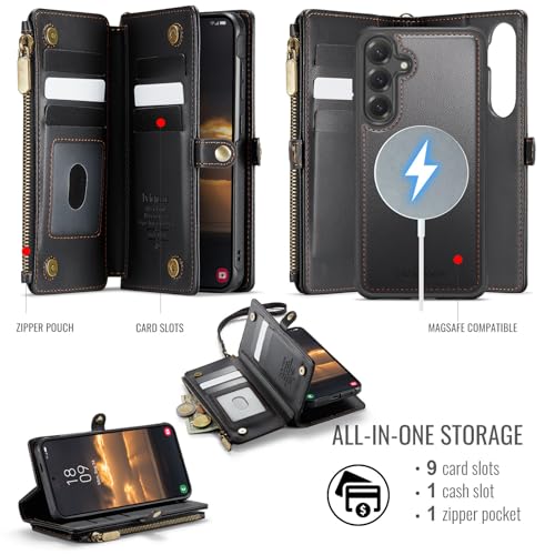 Defencase for Galaxy S25 Case Wallet Compatible with Magsafe 6.2", Black | Magnetic Detachable, with RFID Bolcking Card Holder, Zipper Strap, PU Leather Drop-Proof Phone Cover for Samsung Galaxy S25 - color: (Detachable with Magsafe)-Black