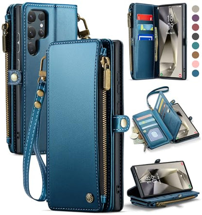 Defencase for Samsung Galaxy S24 Ultra Wallet Case with Card Holder, Blue | Durable PU Leather, with RFID Blocking Zipper Pocket, Wrist Strap, S24 Ultra Flip Phone Cases Cover with Stand for Women Men - color: Ocean Blue