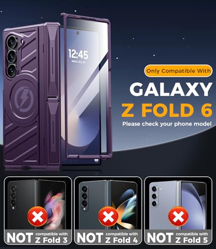 Magnetic for Galaxy Z-Fold-6 Case: Heavy Duty Armor Phone Case [Compatible with MagSafe][Hinge Protection][Dual Kickstand] Shockproof TPU+PC Cover for zfold 6 5G 2024 Purple - color: Purple